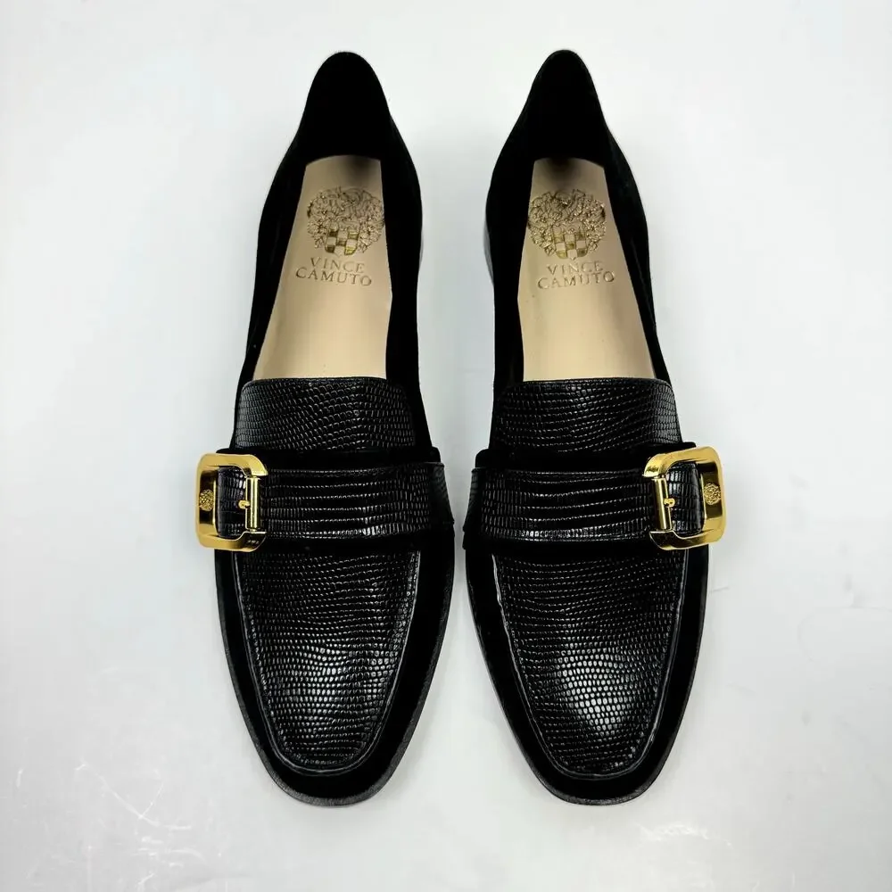 NEW Vince Camuto Cenkanda Black Leather & Suede Gold Buckle Slip On Loafer Flat
